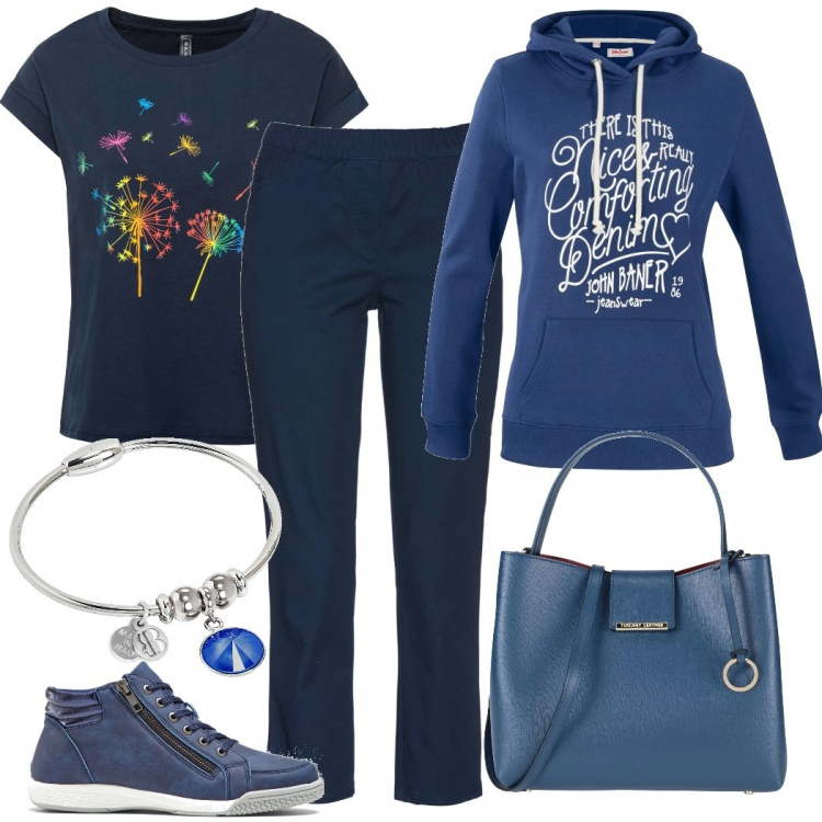 Outfit donna - Sporty chic #1155. Stile Sporty chic per Tutti i giorni. Abbinamento con pantaloni, t-shirt, sneakers alte, felpe con cappuccio, borse a mano, braccialetti.