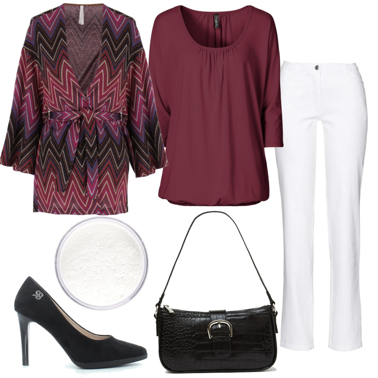 Outfit donna - Colazione di lavoro. Stile Chic per Ufficio. Abbinamento con maglieria, pantaloni, cardigans, borse a spalla, sandali, ciprie.