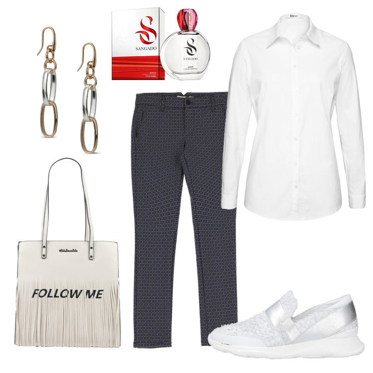 Outfit donna - Followers. Stile Urban per Ufficio. Abbinamento con camicie, sneakers, borse a spalla, pantaloni skinny, orecchini, profumi.