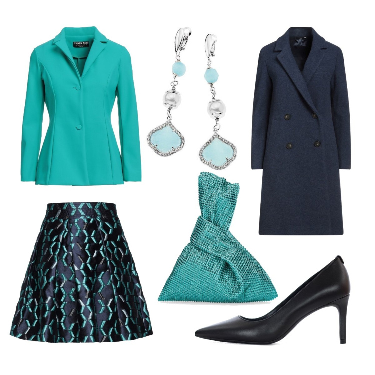 Outfit donna - Cena per due. Stile Chic per Serata fuori. Abbinamento con minigonne, blazer, cappotti, décolleté, orecchini, borse a mano.