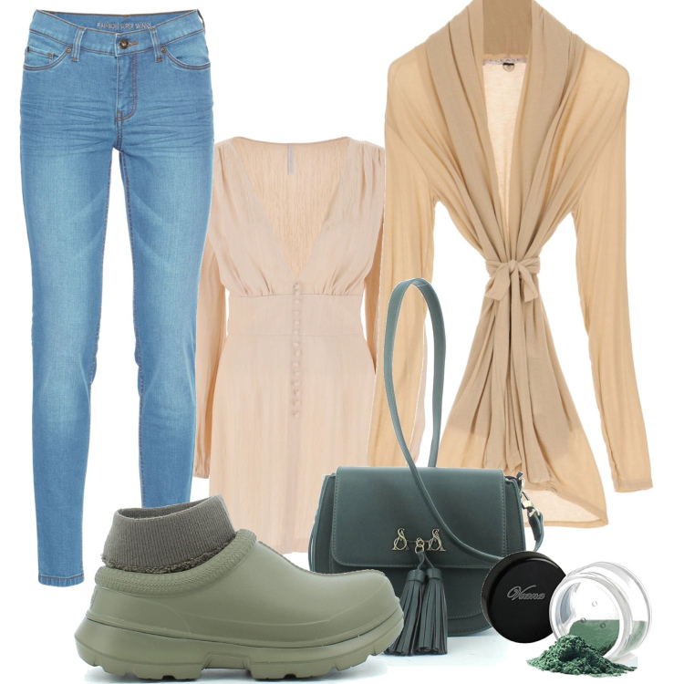 Outfit donna - Sabato relax. Stile Urban per Tutti i giorni. Abbinamento con jeans skinny, cardigans, vestiti corti, stivaletti, borse a tracolla, ombretti.