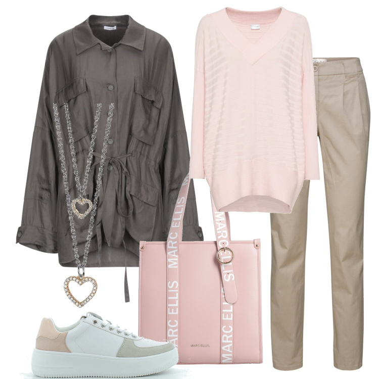 Outfit donna - Chic low cost. Stile Casual chic per Tutti i giorni. Abbinamento con pantaloni chino, maglieria, blazer, borse a mano, collane, sneakers.
