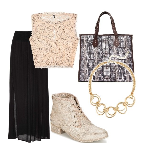 Outfit donna - Urban #6191. Stile Urban per Tutti i giorni. Abbinamento con gonne lunghe, pantaloni, stivaletti bianco, reggiseno, shopping bag con stampa doppio manico interno foderato in pelle sintetica con bottoni.