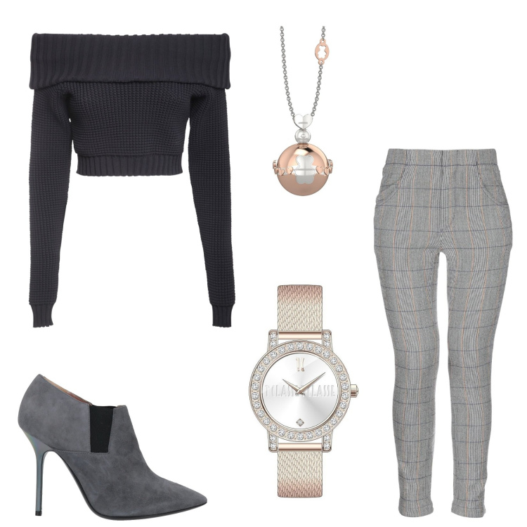 Outfit donna - Total look #1555869. Stile Casual chic per Tutti i giorni. Abbinamento con pantaloni, stivaletti, orologi, ciondoli, top.