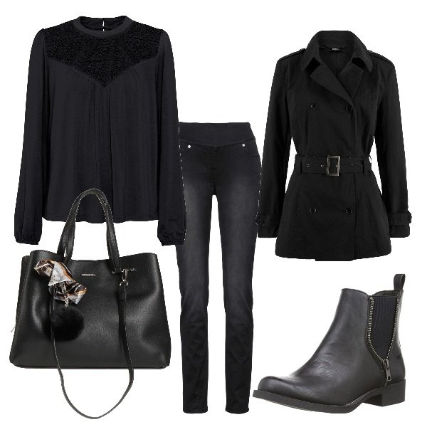 Outfit femme - le noir vous va si bien. Style Rock pour Bureau. Assortir avec imperméable, jean coupe droite, tuniques, bottes, sacs à main.