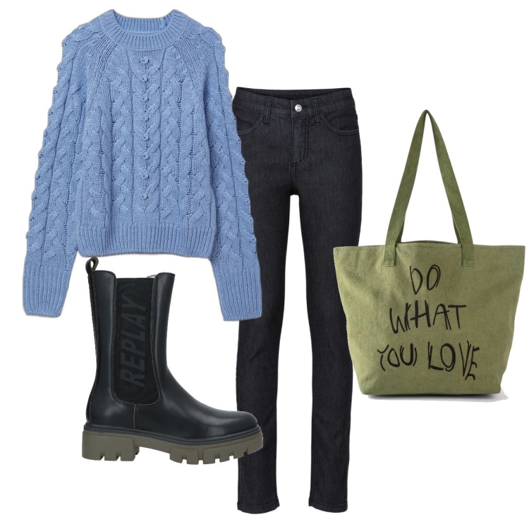 Outfit donna - Do what you love. Stile Casual per Tutti i giorni. Abbinamento con jeans skinny, shopping bag, stivaletti, maglieria.