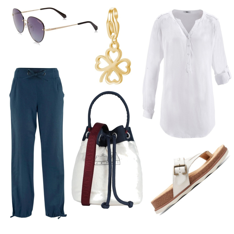 Outfit donna - Sapore di mare. Stile Casual per Tutti i giorni. Abbinamento con tuniche, pantaloni, borse a mano, ciondoli, sandali in pelle, occhiali da sole.