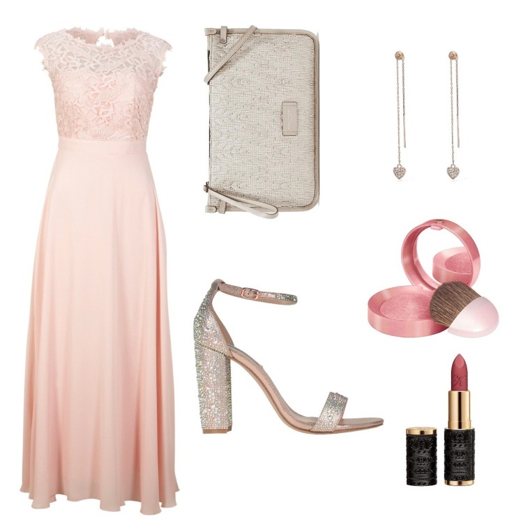 Outfit donna - Un soffio di cipria. Stile Chic per Cerimonia. Abbinamento con vestiti lunghi, sandali col tacco, orecchini, clutch, blush, rossetti.