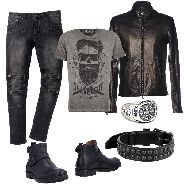 Outfit uomo - Rock inside!. Stile Biker Rock per Tutti i giorni. Abbinamento con t-shirt grigio.