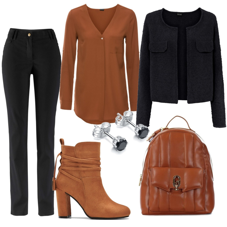 Outfit donna - Nero e ruggine. Stile Casual chic per Tutti i giorni. Abbinamento con camicie, pantaloni, cardigans, stivaletti, zaini, orecchini.