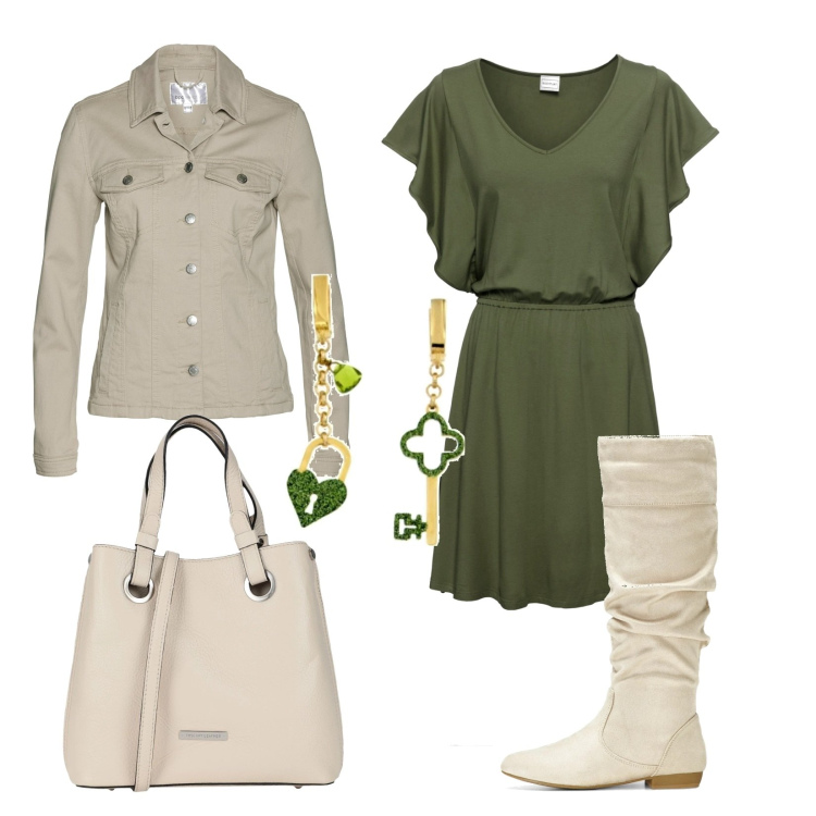Outfit donna - Verde militare e beige. Stile Casual per Tutti i giorni. Abbinamento con blazer, vestiti, stivali, borse a mano, orecchini.