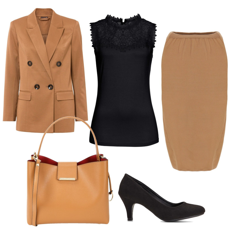 Outfit donna - Ufficio. Stile Chic per Ufficio. Abbinamento con top, décolleté, blazer, borse a mano, gonne longuette.