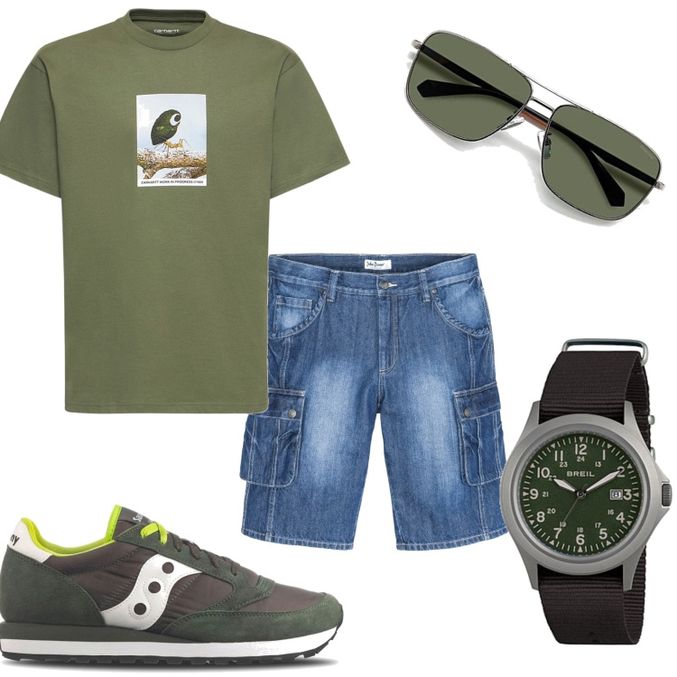 Outfit uomo - Bermuda e maglietta. Stile Trendy per Tutti i giorni. Abbinamento con bermuda, sneakers, orologi, occhiali da sole, t-shirt.