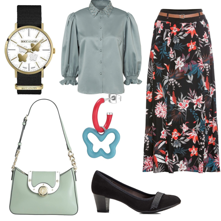 Outfit donna - Fiori e farfalle. Stile Romantica per Serata fuori. Abbinamento con décolleté, gonne lunghe, camicie, borse a mano, orecchini, orologi.
