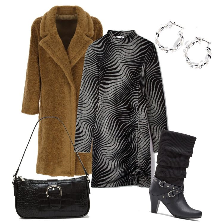 Outfit donna - Il vestito geometrico. Stile Bon Ton per Serata fuori. Abbinamento con stivali, orecchini, vestiti corti, cappotti, borse a spalla.