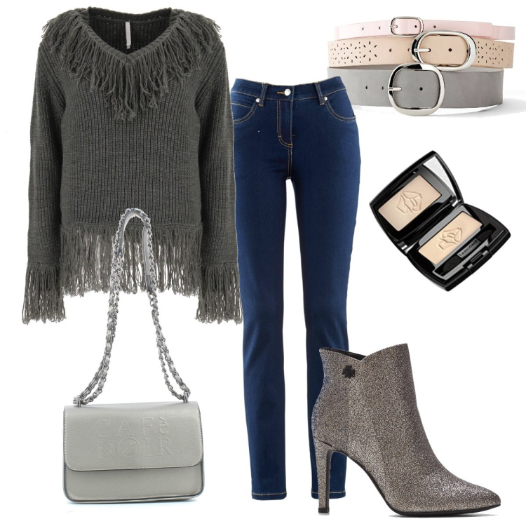 Outfit donna - Gli stivaletti lurex. Stile Casual chic per Serata fuori. Abbinamento con jeans dritti, stivaletti, cinture, pullovers, borse a tracolla, ombretti.
