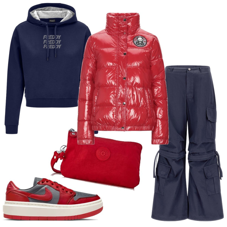 Outfit donna - Ultimi giorni in montagna. Stile Sporty chic per Tutti i giorni. Abbinamento con piumini, pantaloni cargo, felpe con cappuccio, sneakers, portafogli.