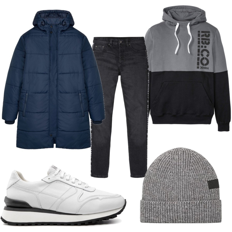 Outfit uomo - Casual #6152. Stile Casual per Tutti i giorni. Abbinamento con felpe con cappuccio, jeans slim fit, cappotti, sneakers, berretti.