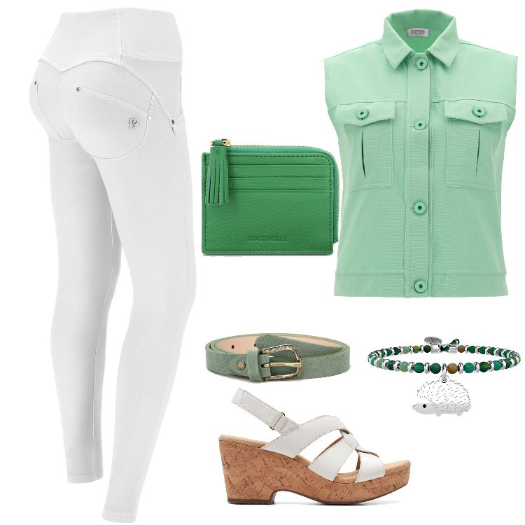 Outfit donna - Voglia di menta. Stile Casual chic per Tutti i giorni. Abbinamento con pantaloni skinny, blazer, cinture, ciondoli, sandali in pelle, portafogli.