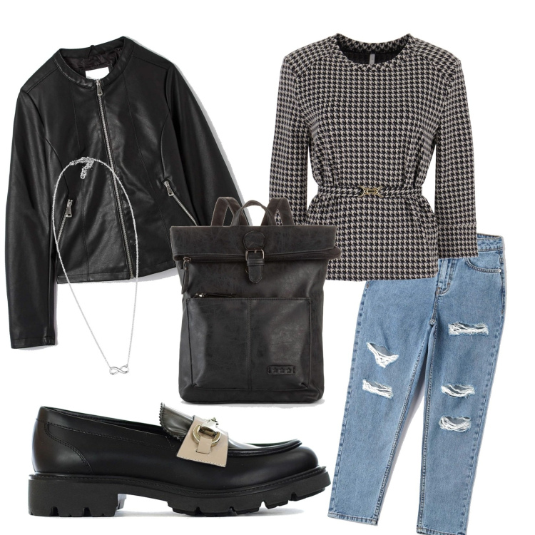 Outfit donna - Università lovers. Stile Trendy per Scuola/Università. Abbinamento con zaini, cappotti, jeans mom, mocassini, maglieria, collane.