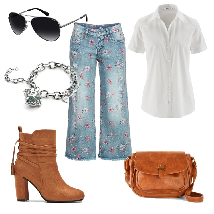Outfit donna - Flower. Stile Trendy per Tutti i giorni. Abbinamento con borse a tracolla, camicie a manica corta, jeans, stivaletti, braccialetti, occhiali da sole.