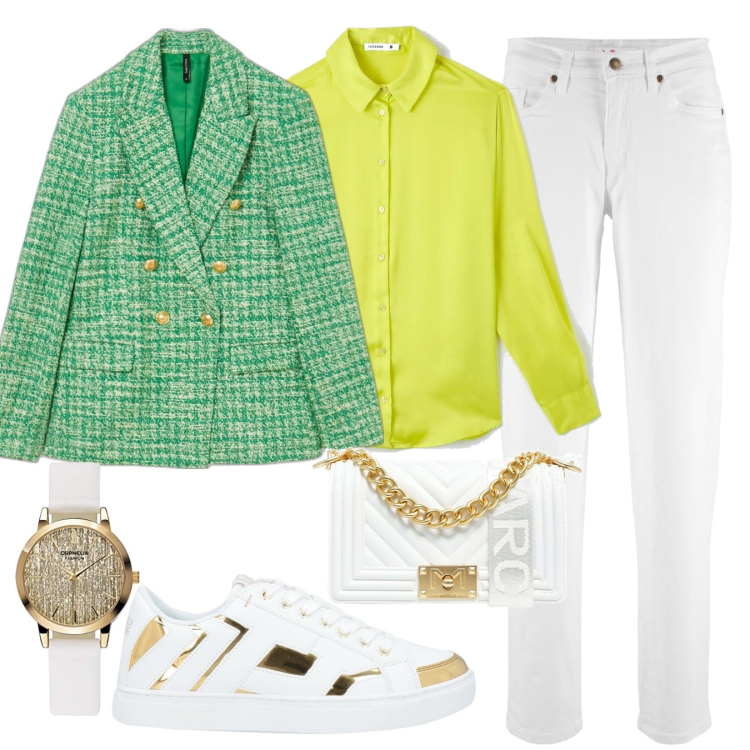 Outfit donna - Oro, bianco e verde. Stile Trendy per Ufficio. Abbinamento con jeans mom, sneakers, camicie, borse a spalla, giacche, orologi analogici.
