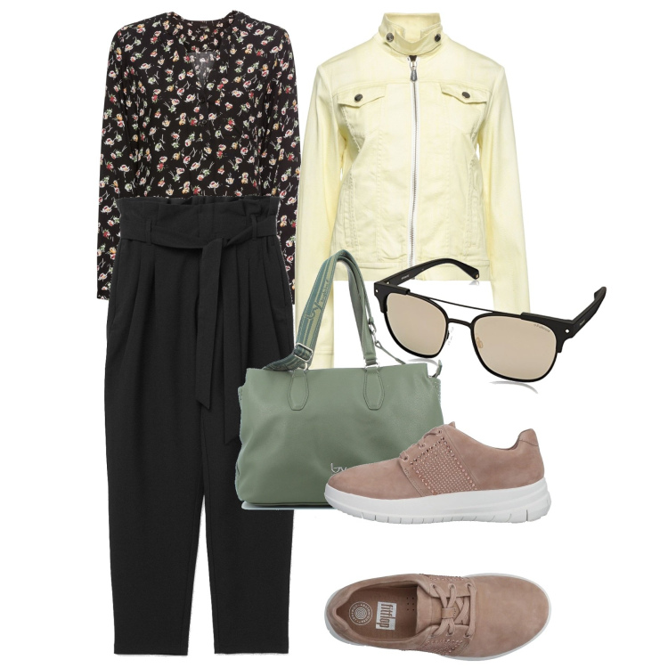 Outfit donna - In giro con le amiche. Stile Casual chic per Tutti i giorni. Abbinamento con bluse, sneakers, giacche, pantaloni, borse a tracolla, occhiali da sole.