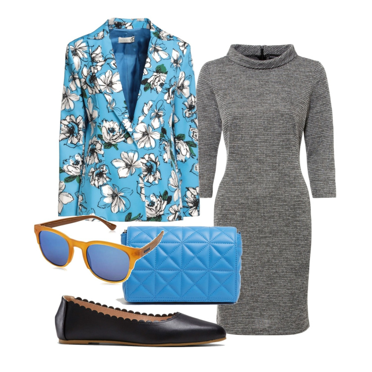 Outfit donna - Qualcosa di azzurro. Stile Chic per Ufficio. Abbinamento con blazer, vestiti, ballerine, borse a spalla, occhiali da sole.