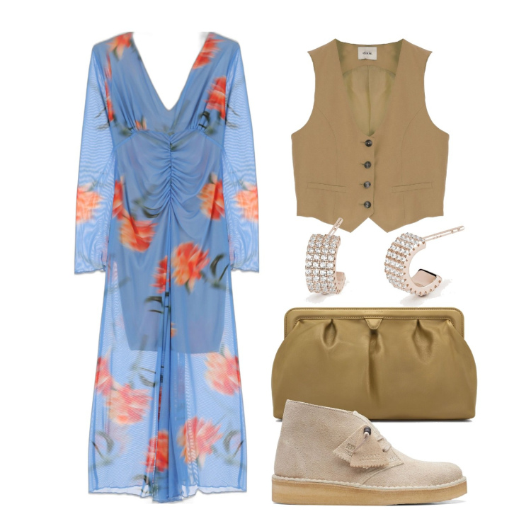Outfit donna - Ghost outfitter - marzo hero. Stile Casual chic per Tutti i giorni. Abbinamento con orecchini, stivali, clutch, vestiti midi/longuette, gilet.