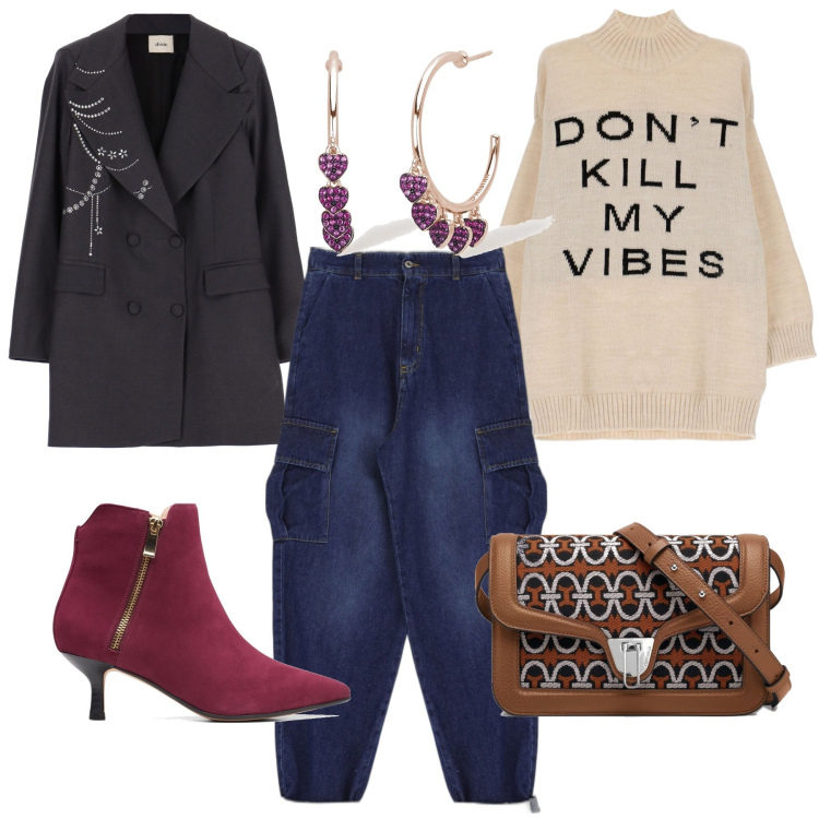 Outfit donna - Good vibes only. Stile Casual chic per Tutti i giorni. Abbinamento con orecchini, stivaletti, borse a tracolla, jeans, giacche, maglieria.