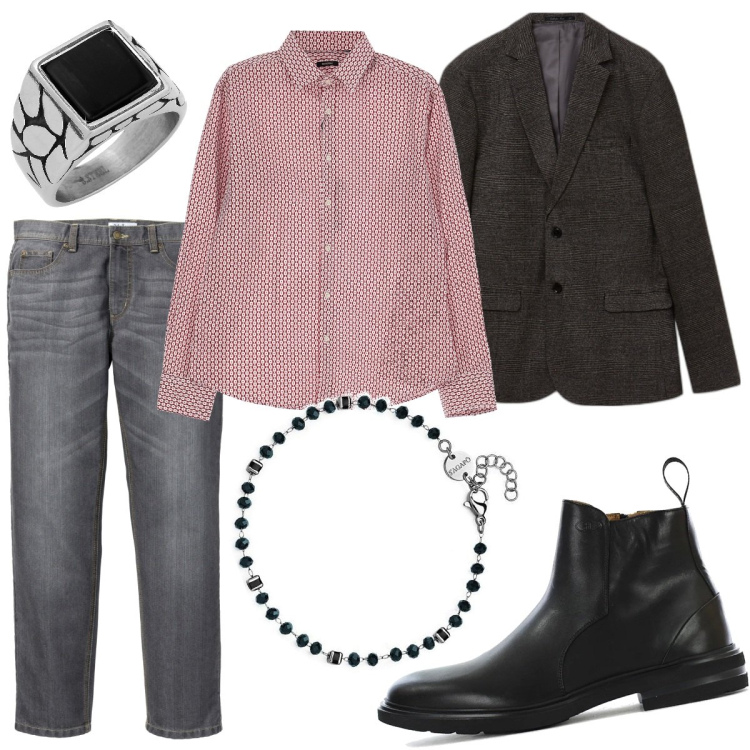 Outfit uomo - La camicia colorata. Stile Casual per Ufficio. Abbinamento con jeans dritti, stivali e stivaletti, braccialetti, anelli, camicie, giacche.