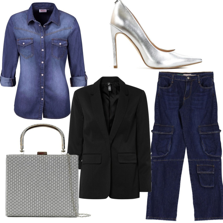 Outfit donna - Denim mon amour. Stile Glamour per Serata fuori. Abbinamento con camicie, blazer, décolleté, borse a mano, jeans dritti.