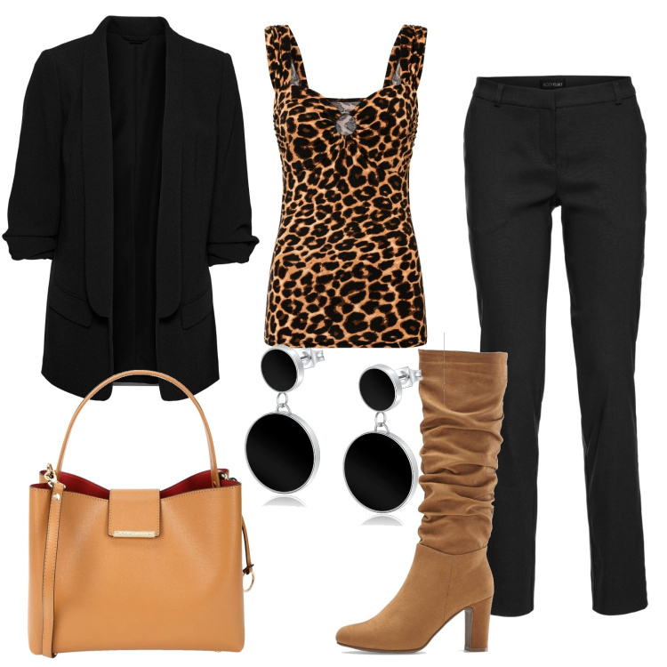 Outfit donna - Top animalier. Stile Trendy per Serata fuori. Abbinamento con blazer, pantaloni, top, stivali, borse a mano, orecchini.