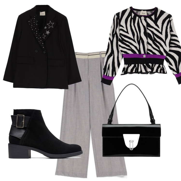 Outfit donna - Women heroes. Stile Trendy per Tutti i giorni. Abbinamento con clutch, stivaletti, cardigans, giacche, pantaloni a palazzo.