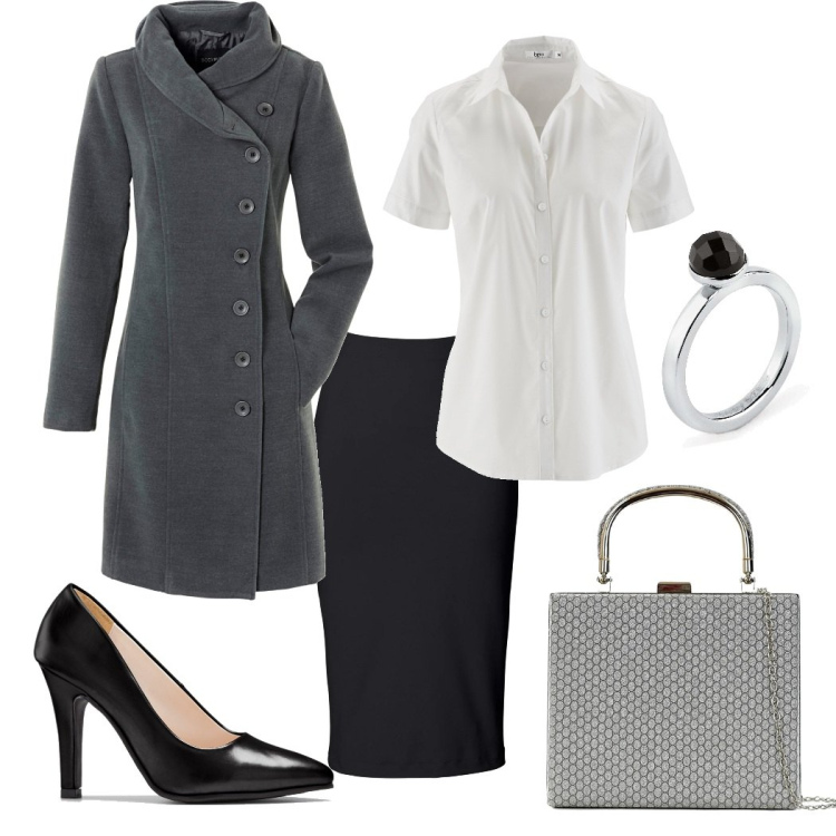 Outfit donna - Signorile. Stile Bon Ton per Ufficio. Abbinamento con cappotti, gonne longuette, camicie a manica corta, décolleté, borse a mano, anelli.
