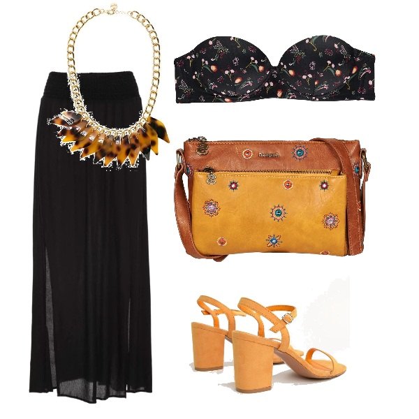 Outfit donna - Trendy #20003. Stile Trendy per Serata fuori. Abbinamento con gonne lunghe, borsa a tracolla marrone, sandali con stampa e tacco largo collo aperto con cinturino, reggiseno con spalline e fasce nero, collana.
