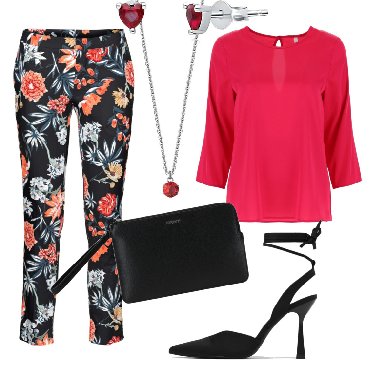 Outfit donna - Cerimonia di di giorno. Stile Casual chic per Cerimonia. Abbinamento con pantaloni, borse a mano, collane, orecchini, bluse, décolleté.