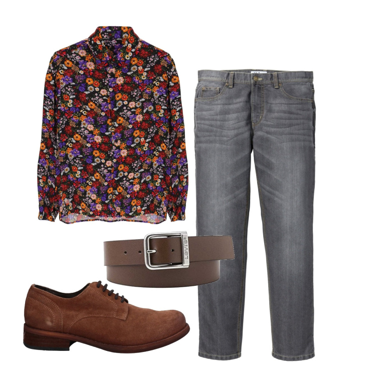 Outfit uomo - Flowers time. Stile Trendy per Tutti i giorni. Abbinamento con jeans dritti, scarpe stringate, camicie, cinture.