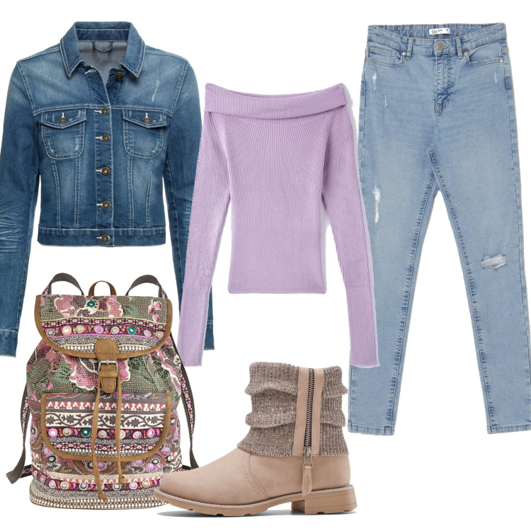 Outfit donna - Sporty un po vintage. Stile Vintage retrò per Tutti i giorni. Abbinamento con stivaletti, blazer, zaini, maglieria, jeans skinny.