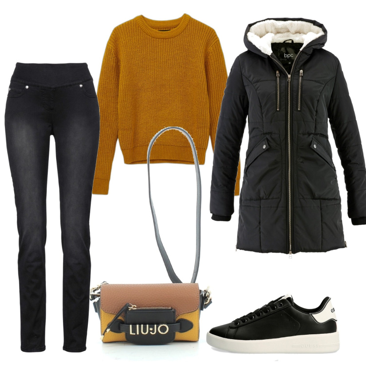 Outfit donna - Ancora freddo. Stile Casual per Tutti i giorni. Abbinamento con giacche sportive, jeans, sneakers, maglieria, borse a tracolla.