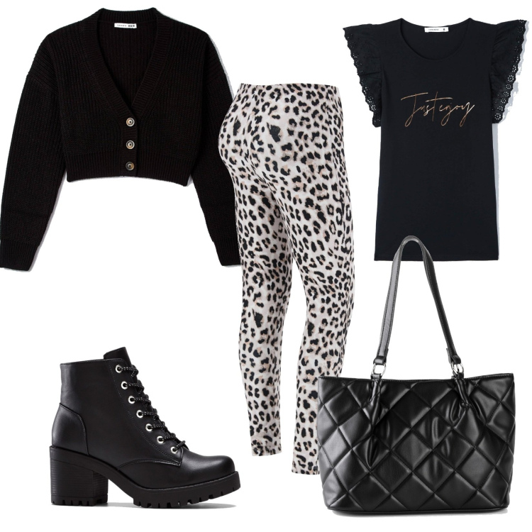 Outfit donna - Molto urban. Stile Urban per Tutti i giorni. Abbinamento con stivaletti, borse a mano, t-shirt, cardigans, pantaloni.