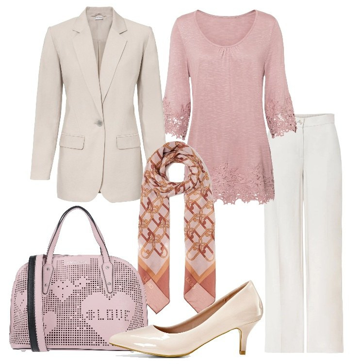 Outfit donna - Una donna Curvy super romantica. Stile Romantica per Ufficio. Abbinamento con maglieria, pantaloni a palazzo, blazer, décolleté, borse a mano, foulard.