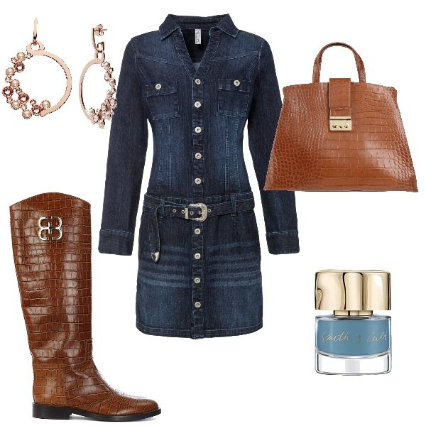 Outfit donna - Abito jeans. Stile Casual per Tutti i giorni. Abbinamento con vestiti, borse a mano, stivali, orecchini, smalti.