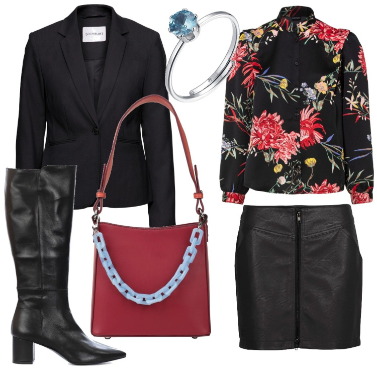 Outfit donna - Serata con la mini in ecopelle. Stile Rock per Serata fuori. Abbinamento con blazer, camicie, minigonne, borse a mano, stivali, anelli.