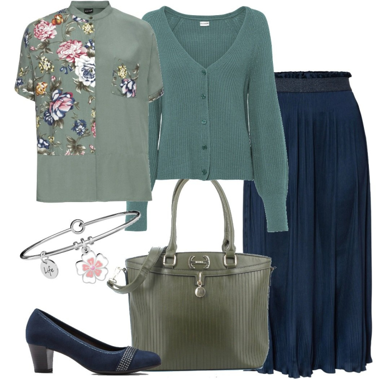 Outfit donna - La camicia a fiori. Stile Romantica per Tutti i giorni. Abbinamento con décolleté, gonne, cardigans, camicie, braccialetti, borse a tracolla.