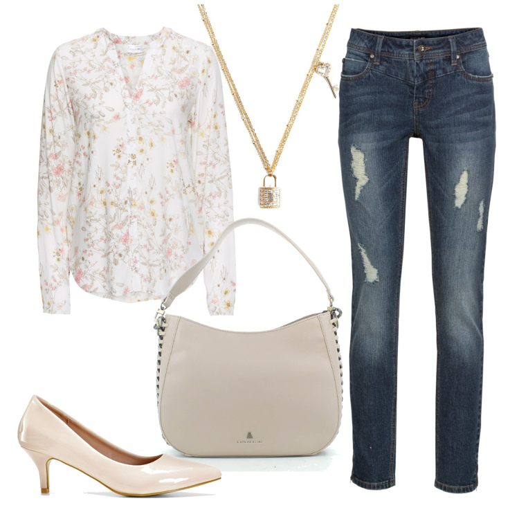 Outfit donna - Blusa floreale. Stile Casual chic per Tutti i giorni. Abbinamento con camicie, jeans strappati, décolleté, collane, borse a mano.