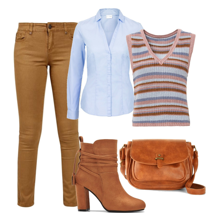 Outfit donna - In città. Stile Casual chic per Tutti i giorni. Abbinamento con camicie, borse a tracolla, gilet, stivaletti, pantaloni.