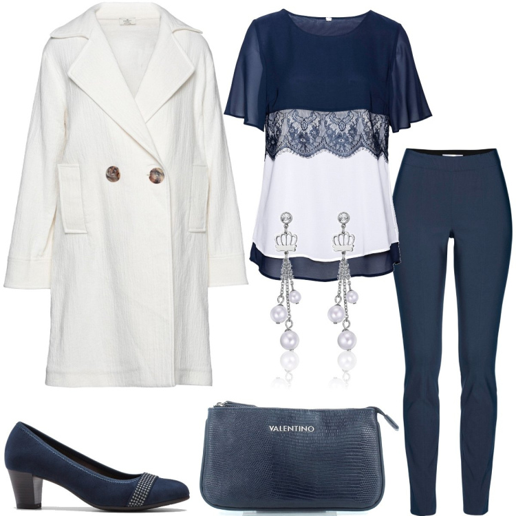 Outfit donna - Classico bianco e blu. Stile Chic per Tutti i giorni. Abbinamento con décolleté, tuniche, pantaloni, cappotti, orecchini, pochette.
