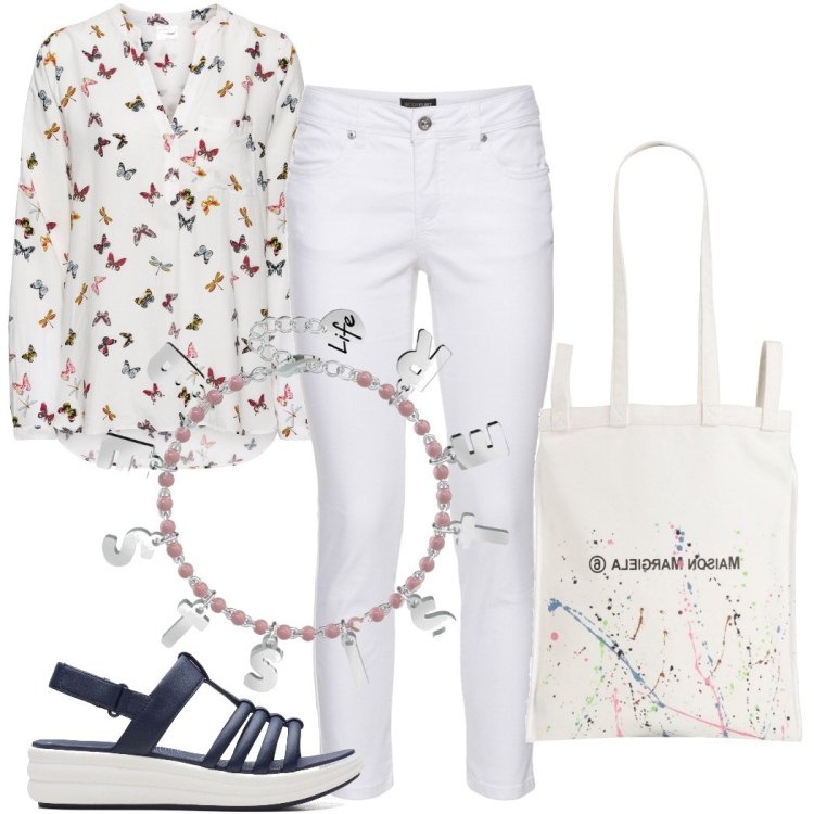 Outfit donna - Estate. Stile Basic per Tutti i giorni. Abbinamento con bluse, pantaloni, borse a spalla, braccialetti, sandali.
