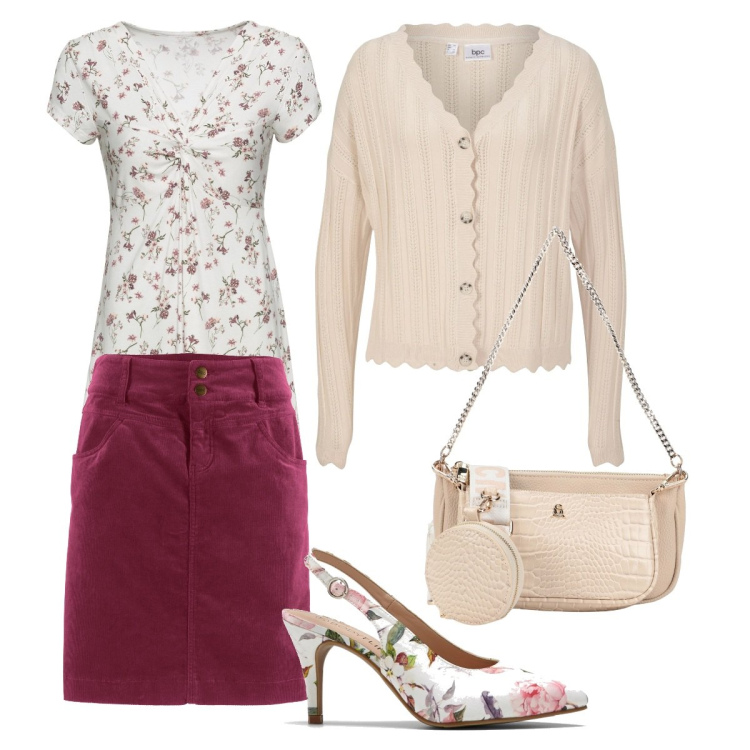 Outfit donna - Curvy romantica. Stile Chic per Tutti i giorni. Abbinamento con gonne lunghe, maglieria, cardigans, décolleté, borse a mano.